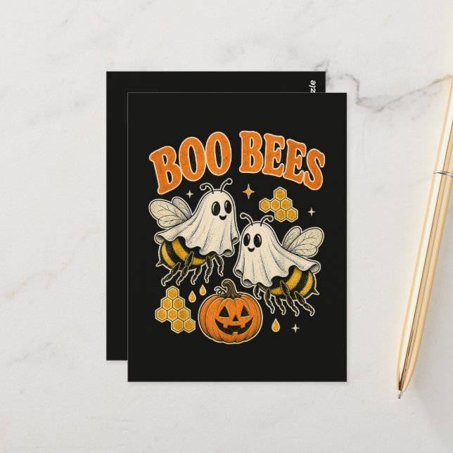 Boo Bees Funny Ghost Bee Pun Cute Halloween Postcard (Front/Back In Situ)