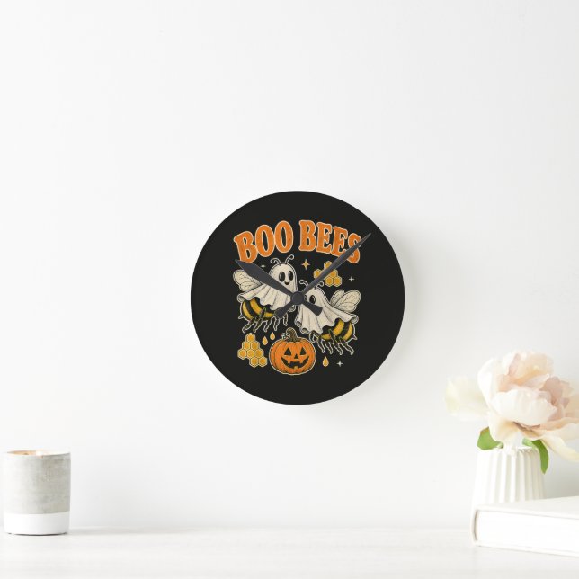 Boo Bees Funny Ghost Bee Pun Cute Halloween Round Clock (Home)