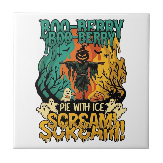 Boo Berry Pie Ice Scream Pumpkin Scarecrow Hallowe Ceramic Tile (Front)