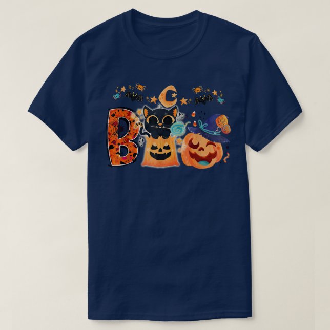 Boo Black Cat Halloween Pumpkin Witch Hat Kittens  T-Shirt (Design Front)