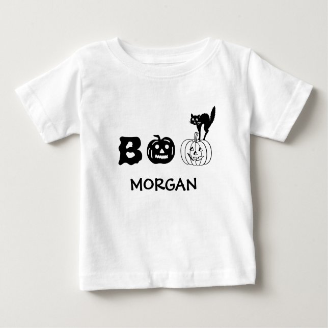 Boo black cat pumpkin face custom name Halloween Baby T-Shirt (Front)