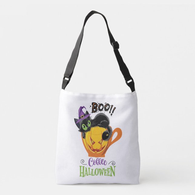 Boo Black Cat, Scary Pumpkin Coffee Halloween Crossbody Bag (Back)