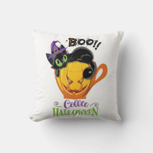 Boo Black Cat, Scary Pumpkin Coffee Halloween Cushion