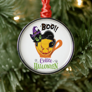 Boo Black Cat, Scary Pumpkin Coffee Halloween Metal Ornament