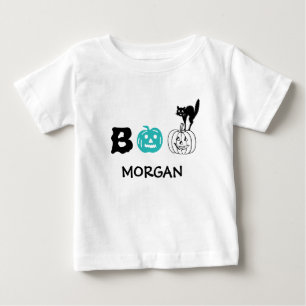 Boo black cat teal pumpkin custom name Halloween Baby T-Shirt