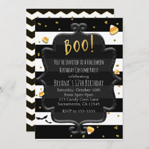 BOO! Black & White Striped Candy Corn Halloween Invitation