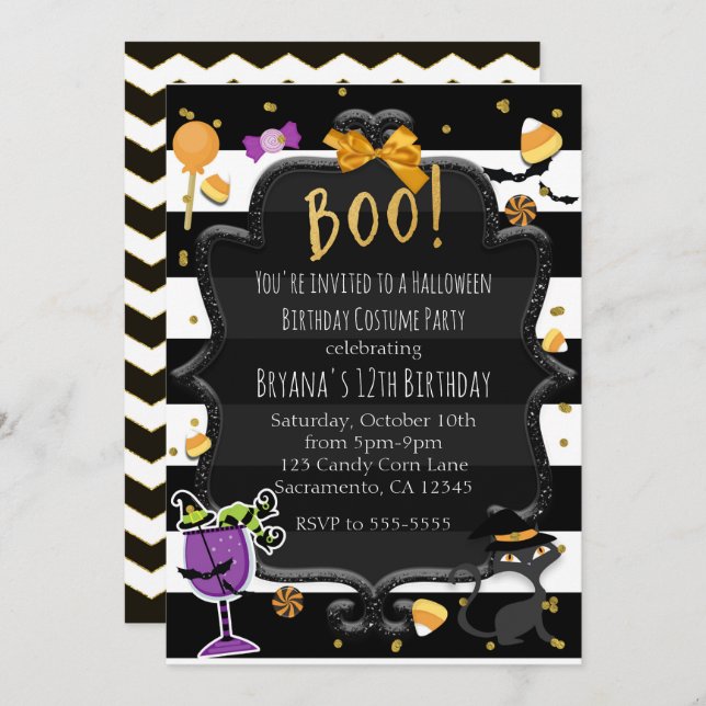 BOO! Black & White Stripes Halloween Candy Party Invitation (Front/Back)