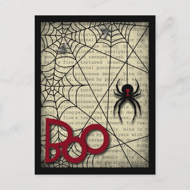 Boo Black Widow Spider & Creepy Text for Halloween Postcard (Front)