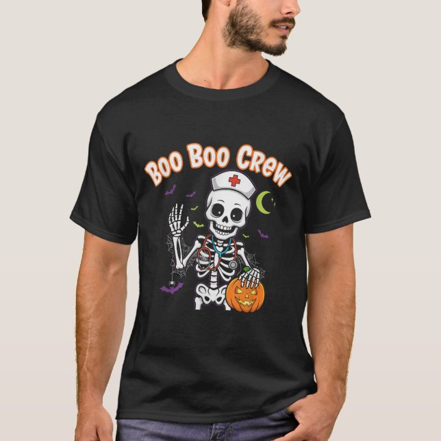 Boo Boo Crew Nurse Halloween Funny Skelton Nurse H T-Shirt (Front)