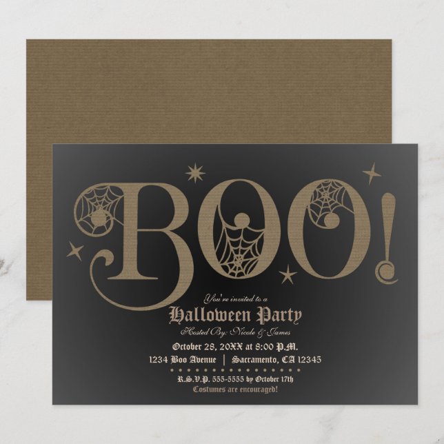 BOO Brown Rustic Elegant Halloween Costume Party   Invitation (Front/Back)