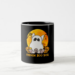 Boo Bulldog with Pumpkin Spider and Moon Two-Tone Coffee Mug