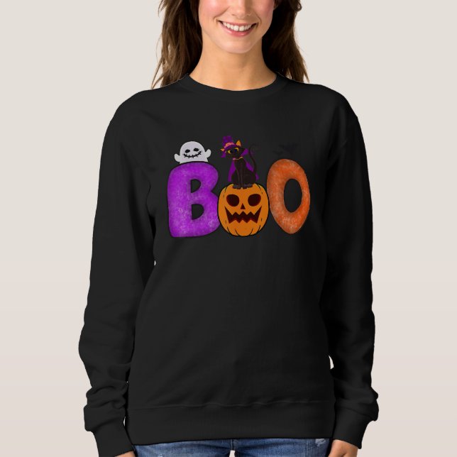Boo Cat Pumpkin Halloween Ghost Costume Leopard Sweatshirt (Front)