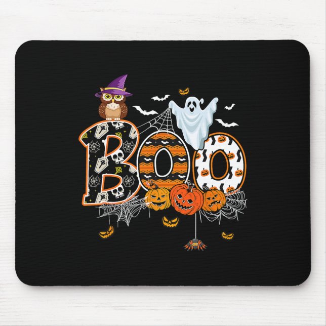Boo Creepy Owl Pumpkin Ghost Funny Halloween Costu Mouse Pad (Front)