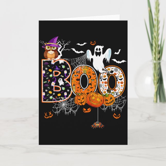 Boo Creepy Owl Pumpkin Ghost Halloween Men Women K Card (Front)
