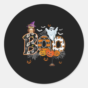 Boo Creepy Owl Pumpkin Ghost Halloween Men Women K Classic Round Sticker