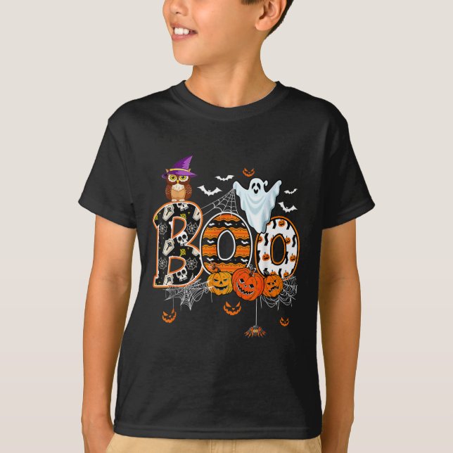Boo Creepy Owl Pumpkin Ghost Halloween Men Women K T-Shirt (Front)