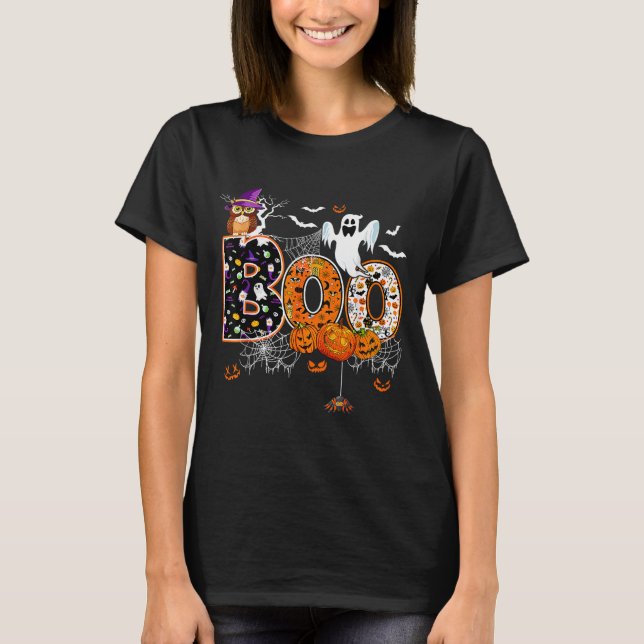 Boo Creepy Owl Pumpkin Ghost Halloween Men Women K T-Shirt (Front)