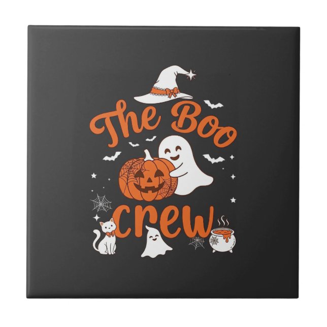 Boo Crew Ghost Pumpkin White Cat Witch Hat Ceramic Tile (Front)