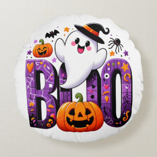 Boo Cute Ghost Halloween Design Round Cushion