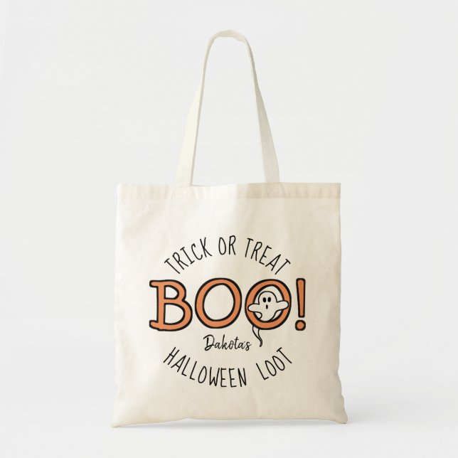 BOO! Cute Ghost Kids Name Halloween Trick or Treat Tote Bag (Front)