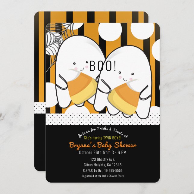Boo Cute Ghost  Twin Boys Halloween Baby Shower Invitation (Front/Back)