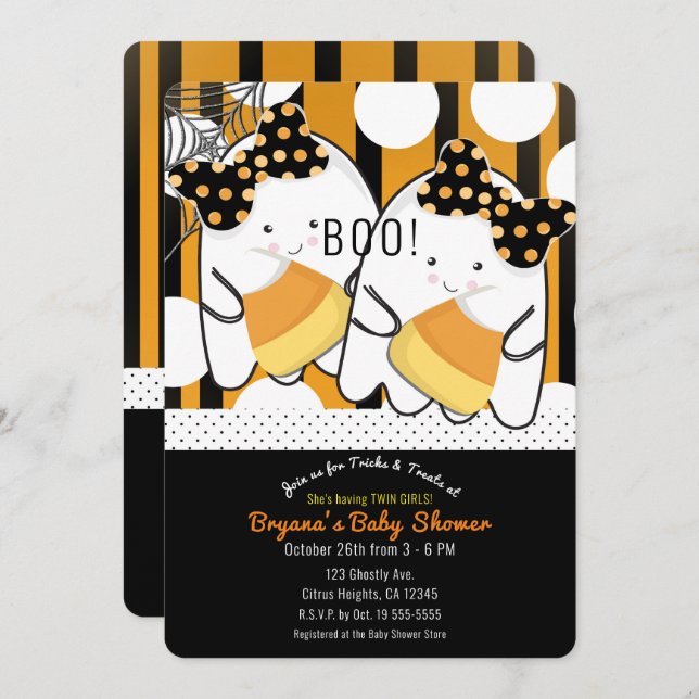 Boo Cute Ghost Twin Girls Halloween Baby Shower Invitation (Front/Back)