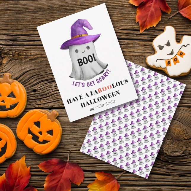 Boo! Cute ghost with purple hat Halloween Holiday Card (Creator Uploaded)
