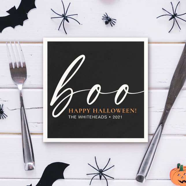 Boo Cute Happy Halloween Black Napkin (Simple boo Halloween party design featuring typography in the colors black, white and orange.)