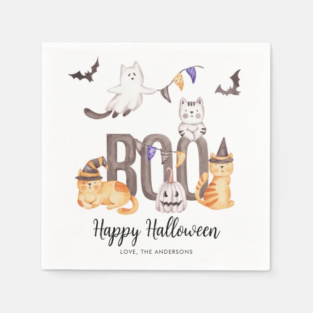 Boo Cute Happy Halloween Cats Ghosts Kid's Party Napkin (Front)