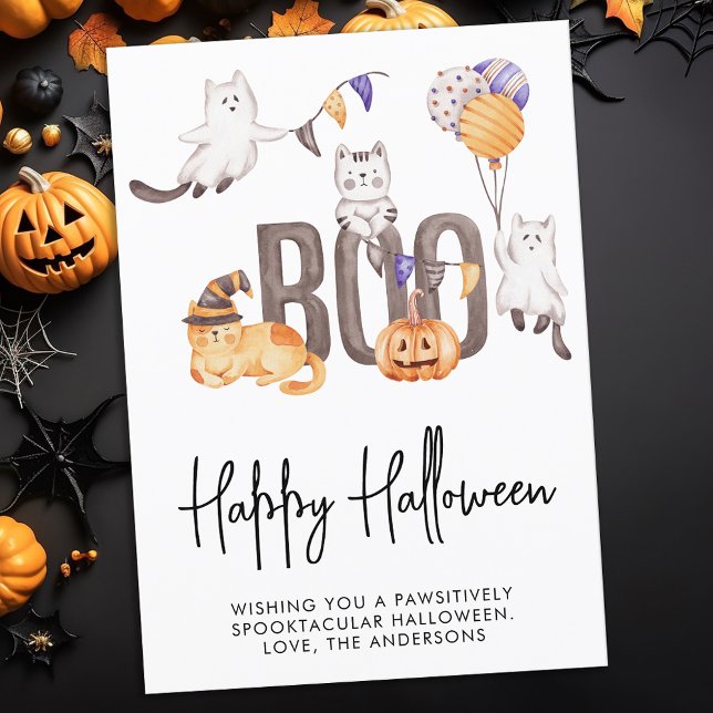 Boo Cute Kid's Happy Halloween Cats Ghosts Pumpkin Holiday Card (Creator Uploaded)