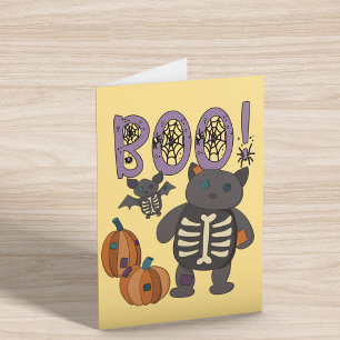 Boo! Cute Patchwork Skeleton Cat and Bat Halloween Card