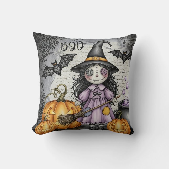 Boo & Cute Witch and lanterns Cushion (Front)