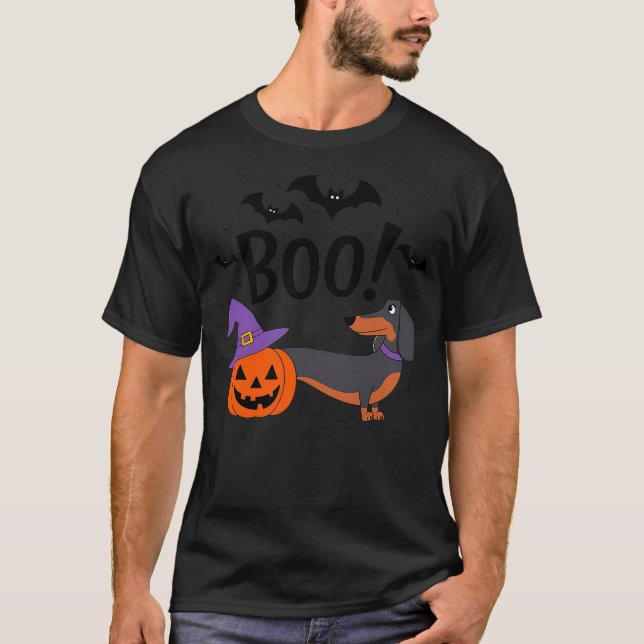 Boo! Dachshund Dog Spooky Pumpkin Witch Hat Fun Ha T-Shirt (Front)