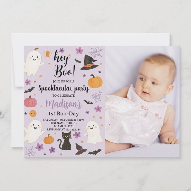 Boo Day 1st Birthday Invitation | Cute Ghost Hey (Front)