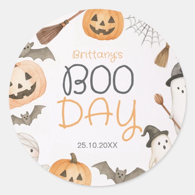 Boo Day Spooky Halloween Birthday Classic Round Sticker (Front)
