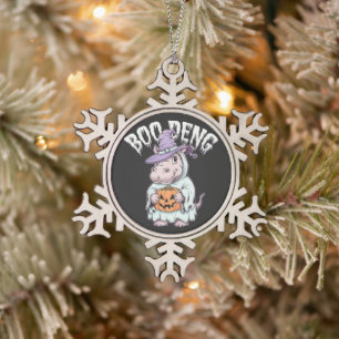 Boo deng Spooky Halloween Moo Deng Baby Hippo Snowflake Pewter Christmas Ornament