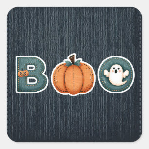 BOO Denim Rustic Country Pumpkin Ghost Halloween Square Sticker