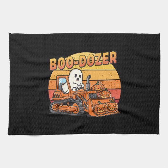 Boo Dozer Ghost Funny Halloween Tea Towel (Horizontal)