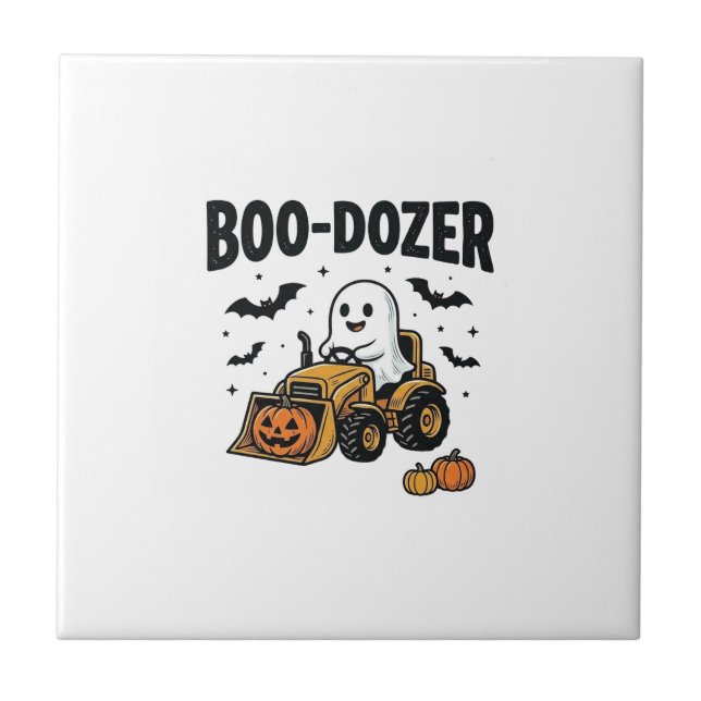 Boo-Dozer Halloween Ghost Bulldozer Design_1 Ceramic Tile (Front)