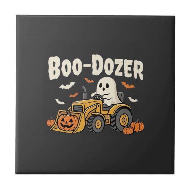 Boo-Dozer Halloween Ghost Bulldozer Design_1 Ceramic Tile (Front)