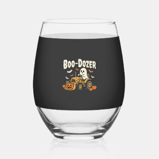 Boo-Dozer Halloween Ghost Bulldozer Design_1 Stemless Wine Glass