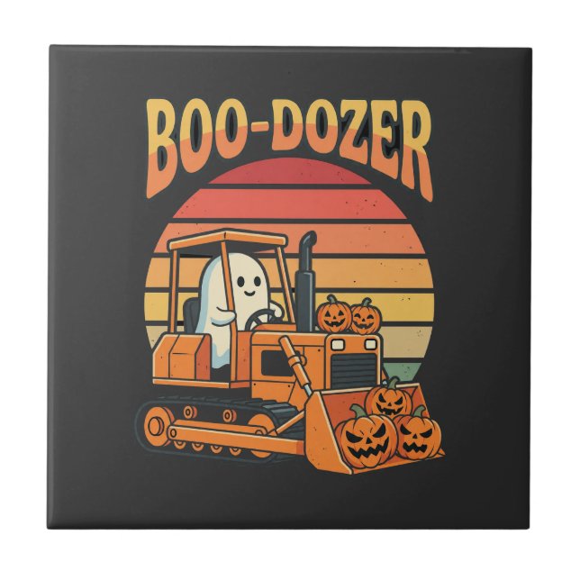 Boo-Dozer Halloween Ghost Pumpkin Bulldozer Ceramic Tile (Front)