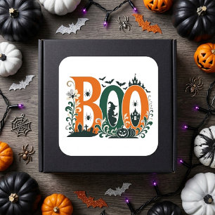 BOO Floral Ornate Pumpkins Botanicals Orange Green Square Sticker