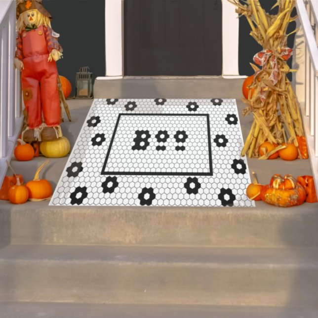 Boo Fun Halloween Hex Tile Design Black and White Doormat (Creator Uploaded)