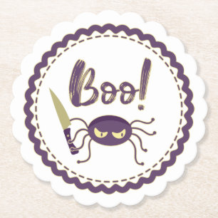 Boo funny Halloween spider character knife hand Paper Coaster