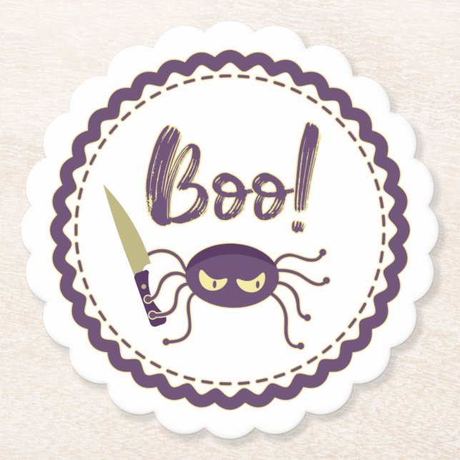 Boo funny Halloween spider character knife hand Paper Coaster (Front)