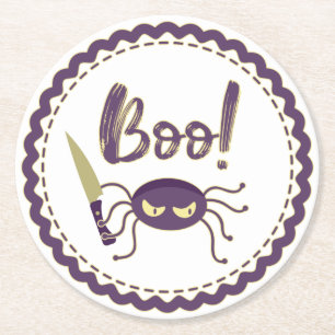 Boo funny Halloween spider character knife hand Round Paper Coaster