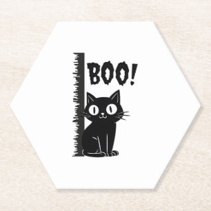 Boo!  Funny Hiding Peekaboo Scary Halloween Cat Paper Coaster