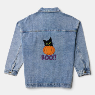 Boo Funny Jolly Cat Peeking Pumpkin Halloween part Denim Jacket
