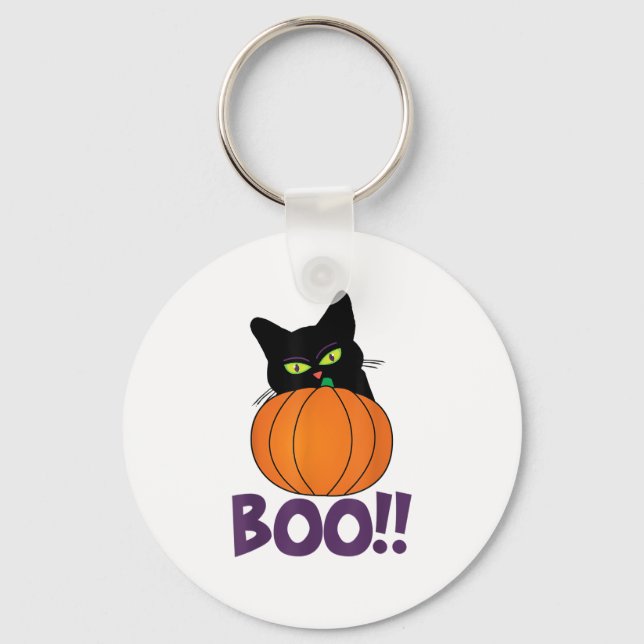Boo Funny Jolly Cat Peeking Pumpkin Halloween part Key Ring (Front)